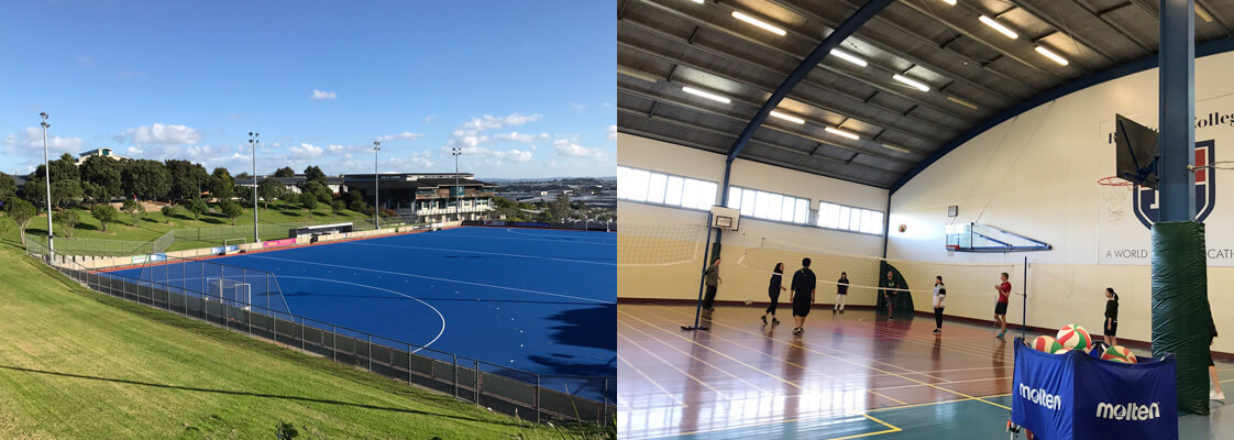 留学先のニュージーランドの公立高校のグラウンドと体育館