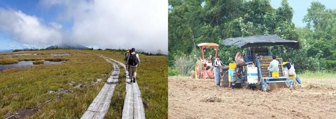 左）中2の尾瀬での自然体験教室　右）中3の北海道での農作業体験